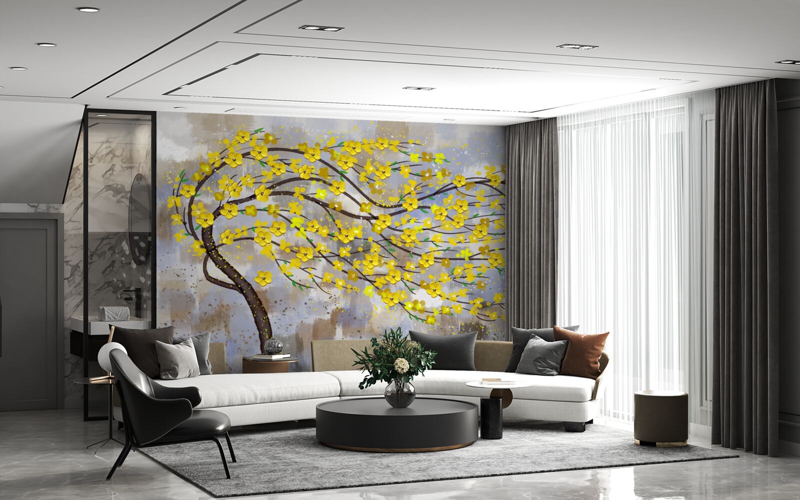 Fotobehang een herfstboom wiegt in de windvlagen