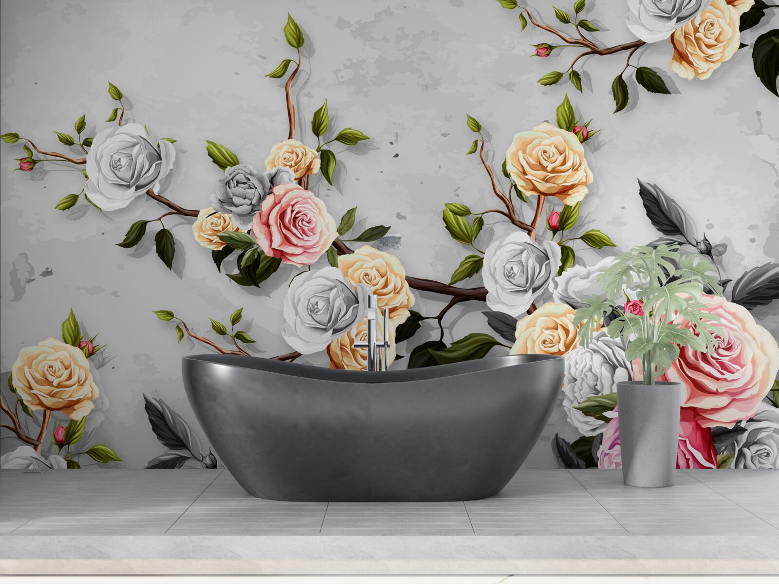 Fotobehang roze takken in vintage stijl