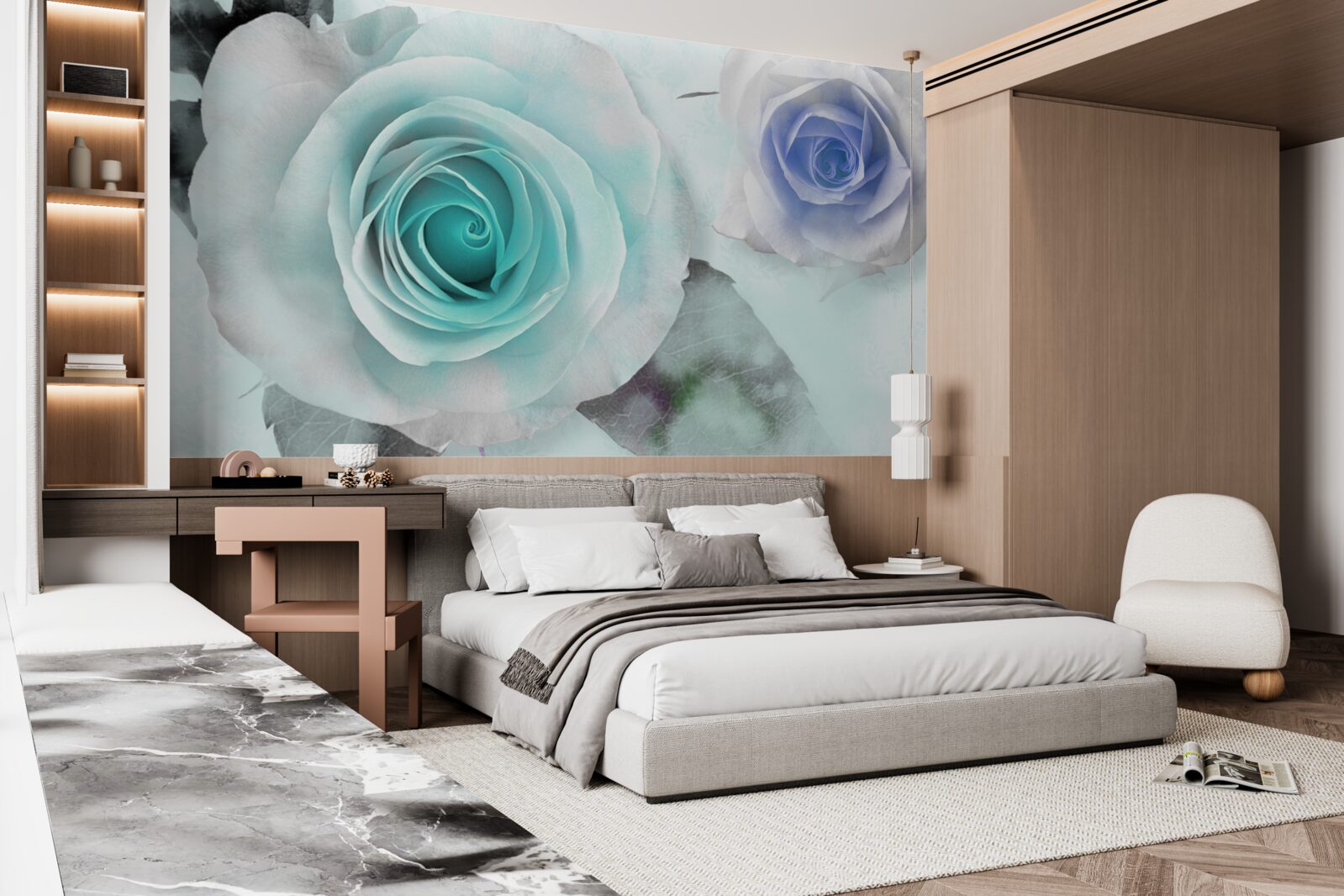 Fotobehang rozen in blauw- en groentinten