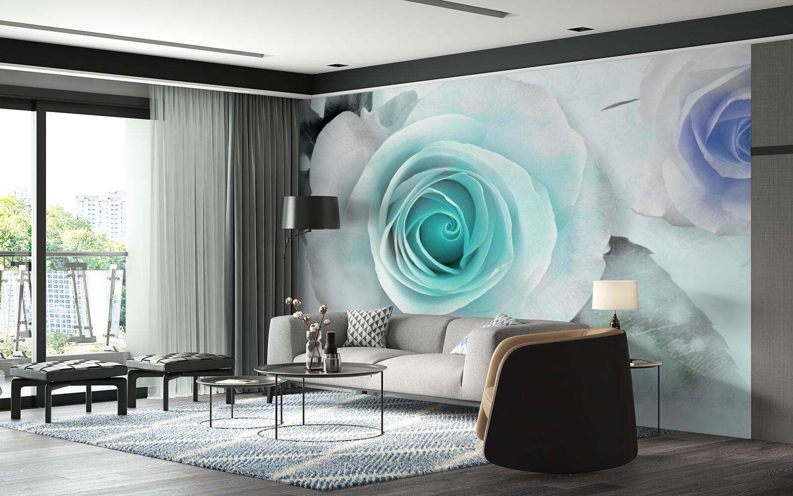 Fotobehang rozen in blauw- en groentinten