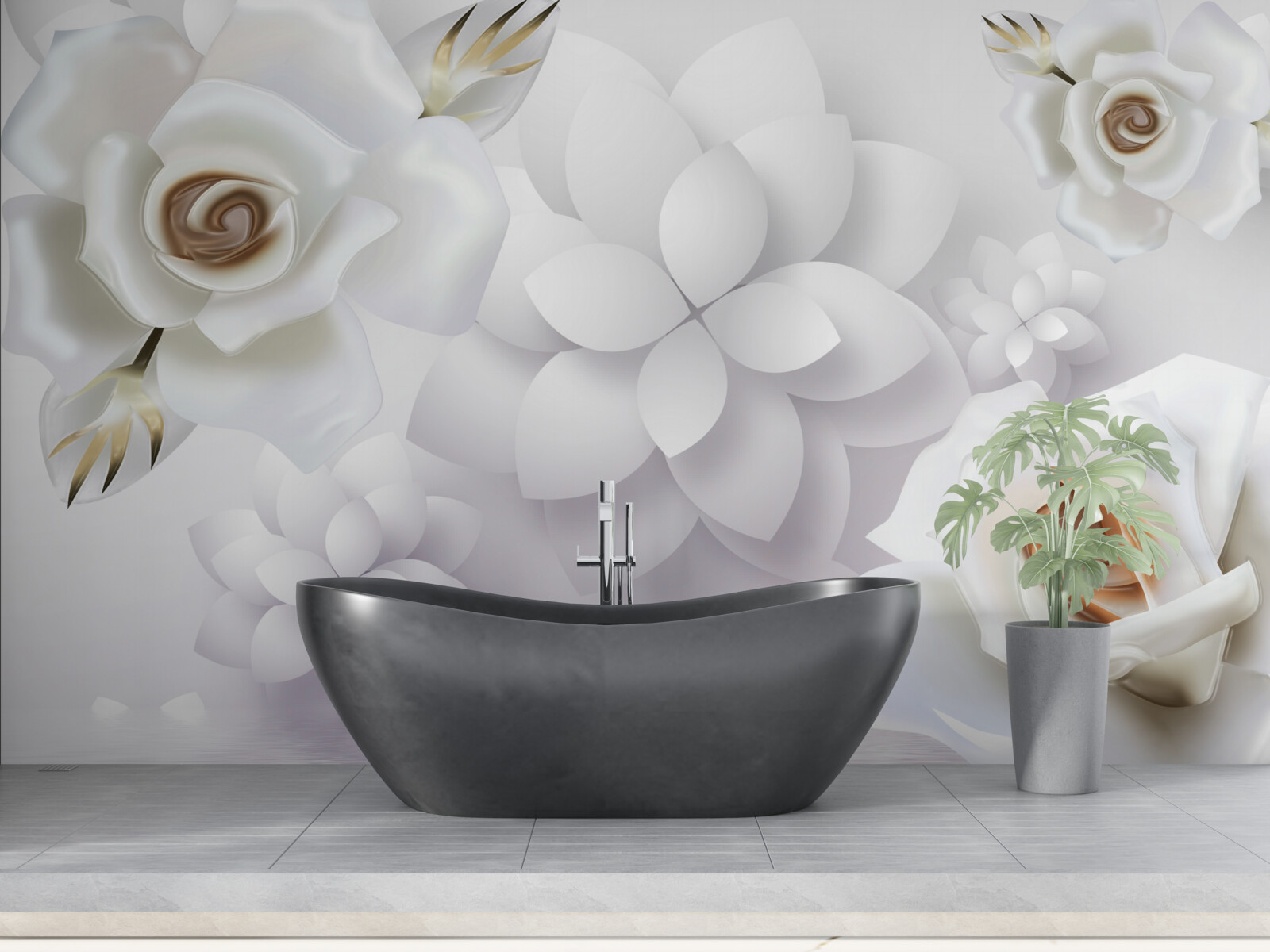 Fotobehang compositie met witte bloemen