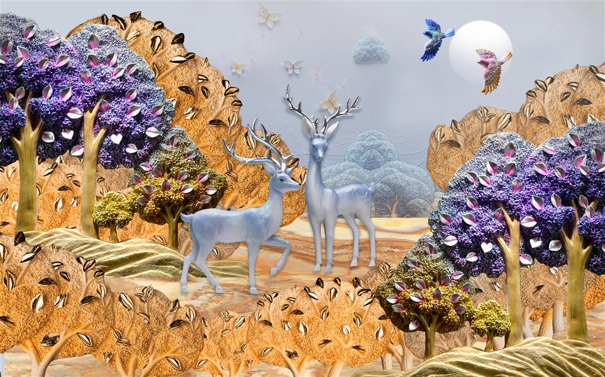 Fotobehang avondbos in de herfst en twee herten