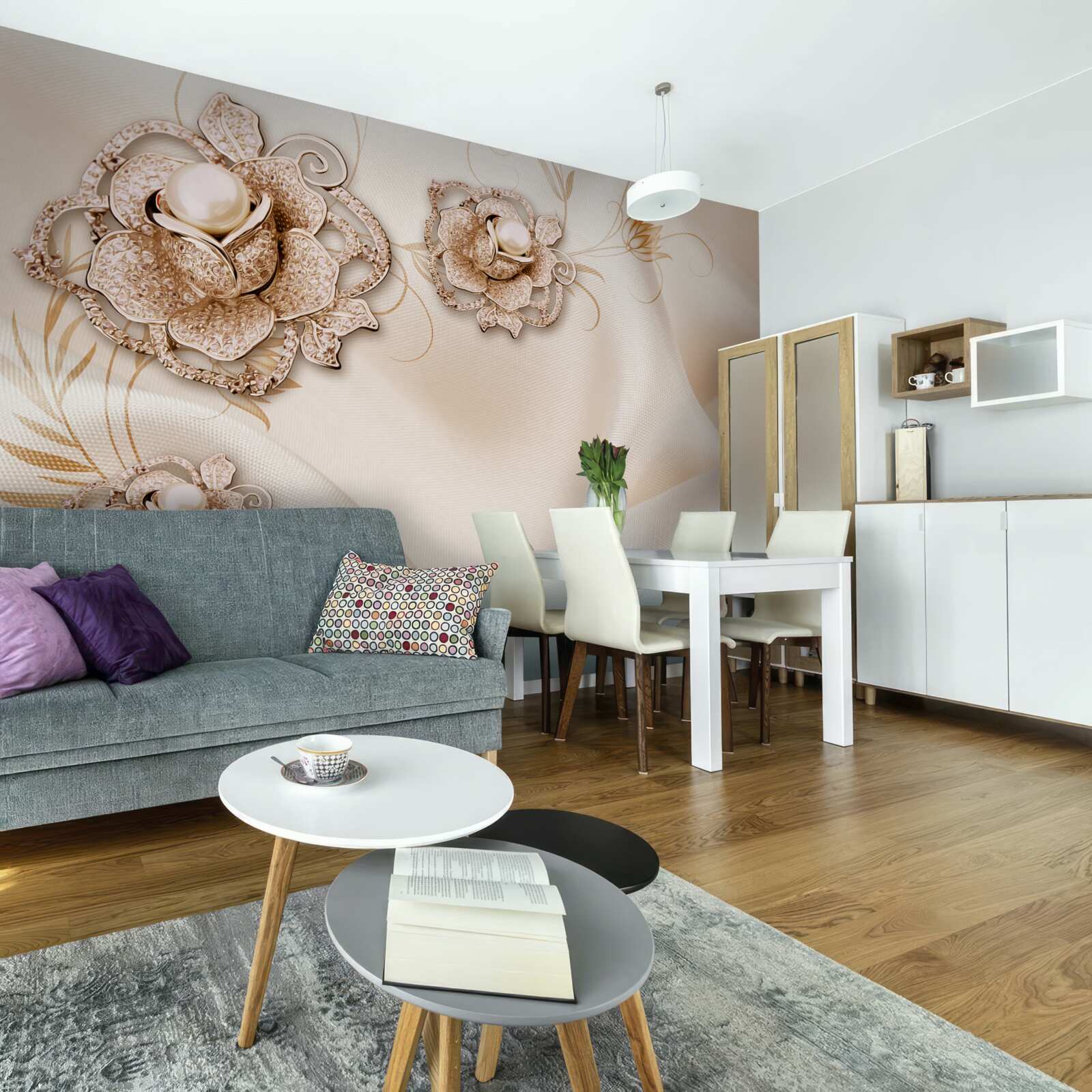 Fotobehang combinatie van delicate perzikzijde en bloemen