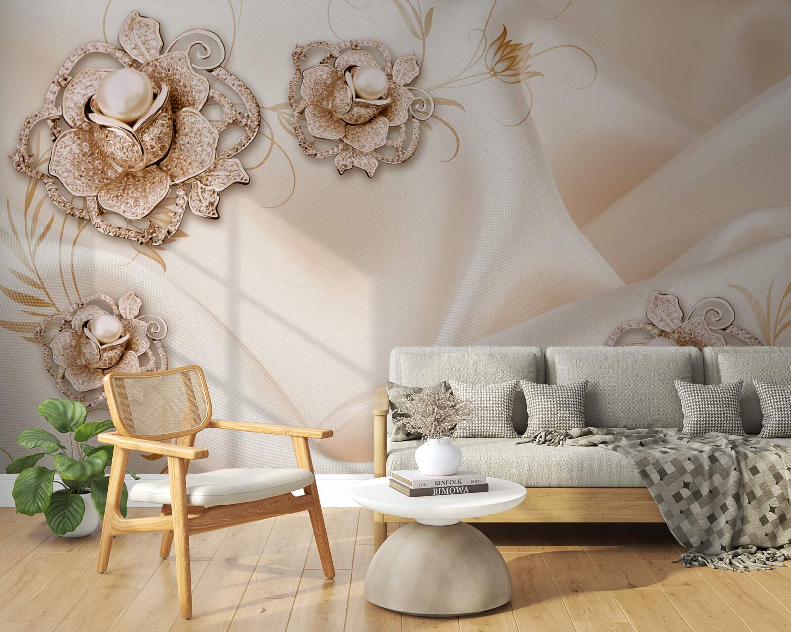 Fotobehang combinatie van delicate perzikzijde en bloemen