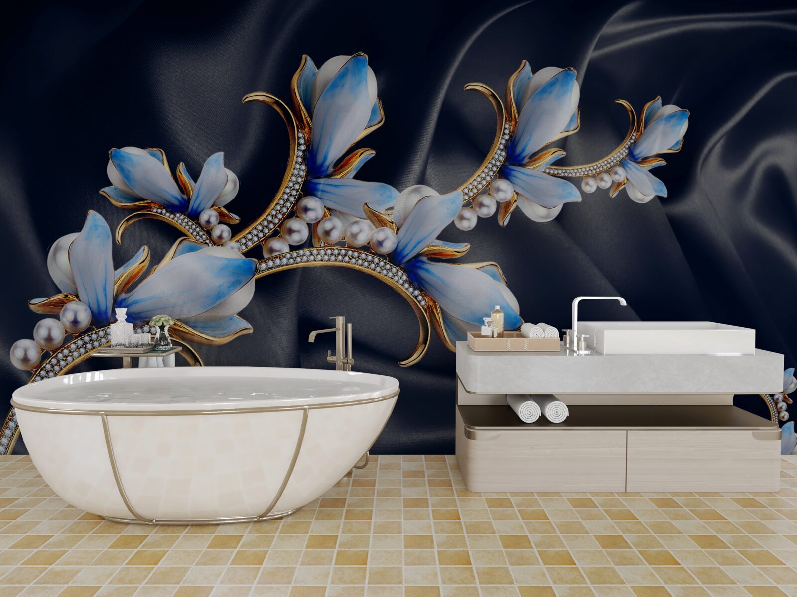 Fotobehang takken van een magnoliaboom die zijn blauwe bloesems nog niet heeft geopend