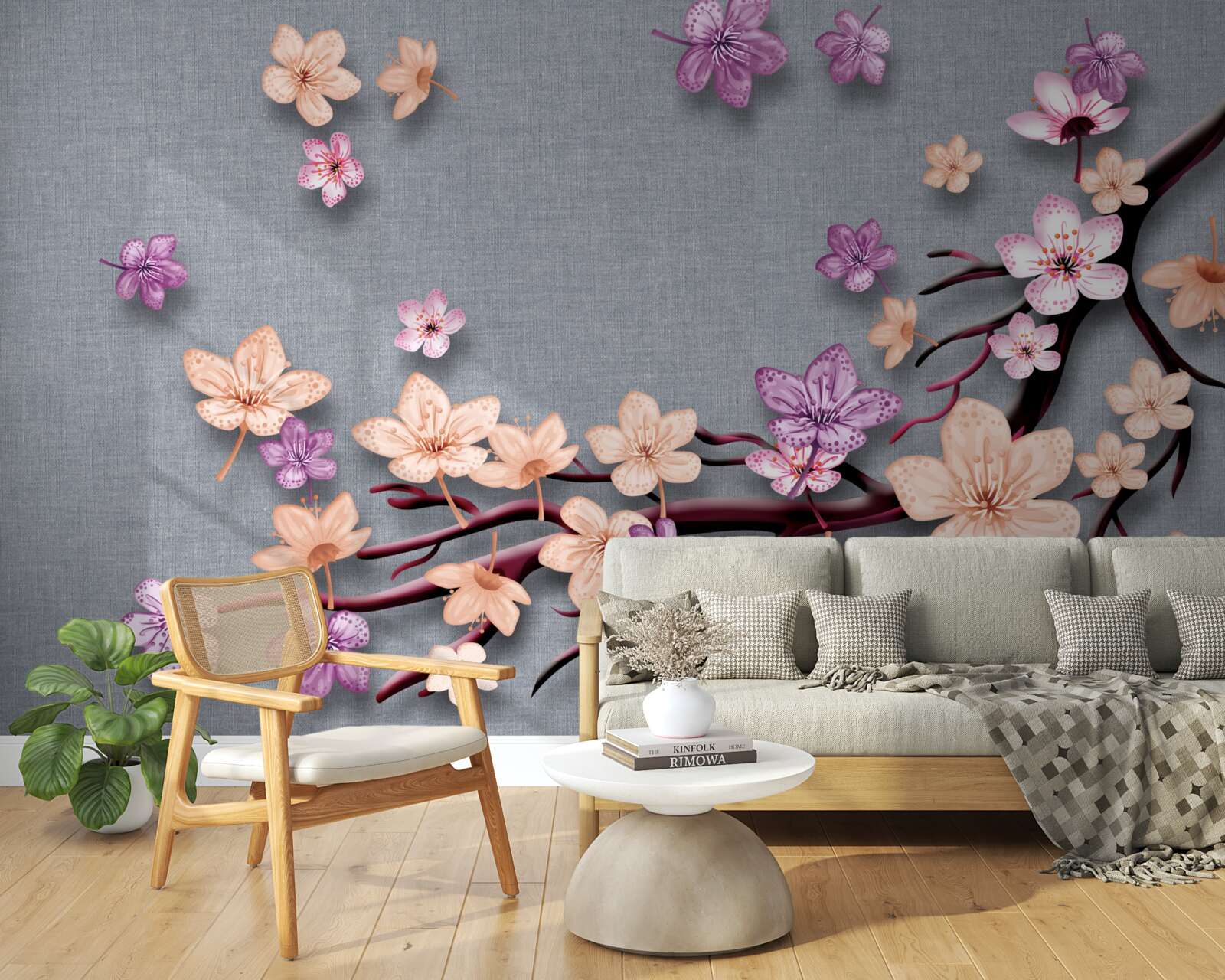 Fotobehang de tak is versierd met kleine bloemen