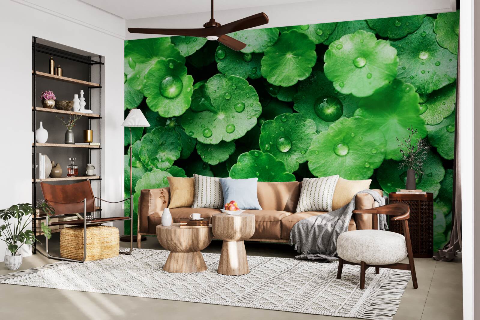 Fotobehang groene bladeren bedekt met verse waterdruppels