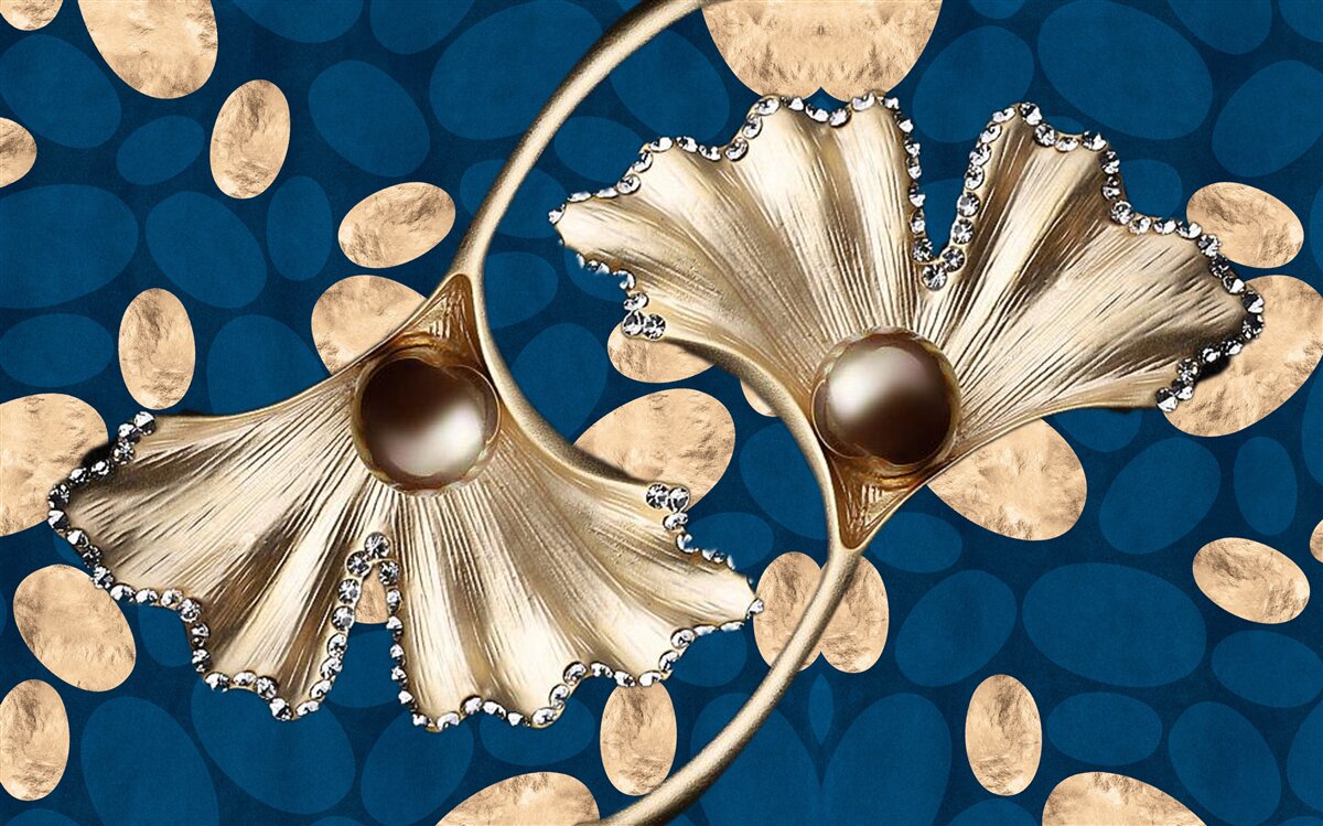 Fotobehang de blauwe achtergrond is versierd met gouden bloemen