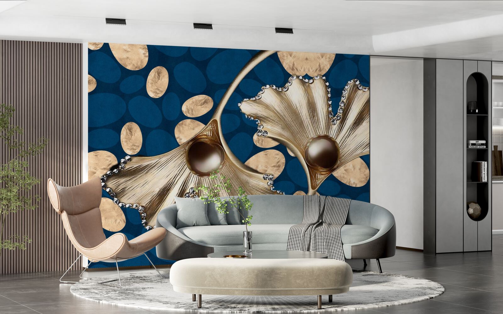 Fotobehang de blauwe achtergrond is versierd met gouden bloemen