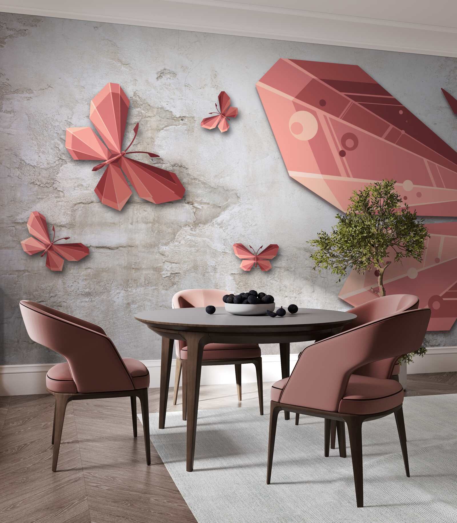 Fotobehang vlinder zwevend in roze tinten