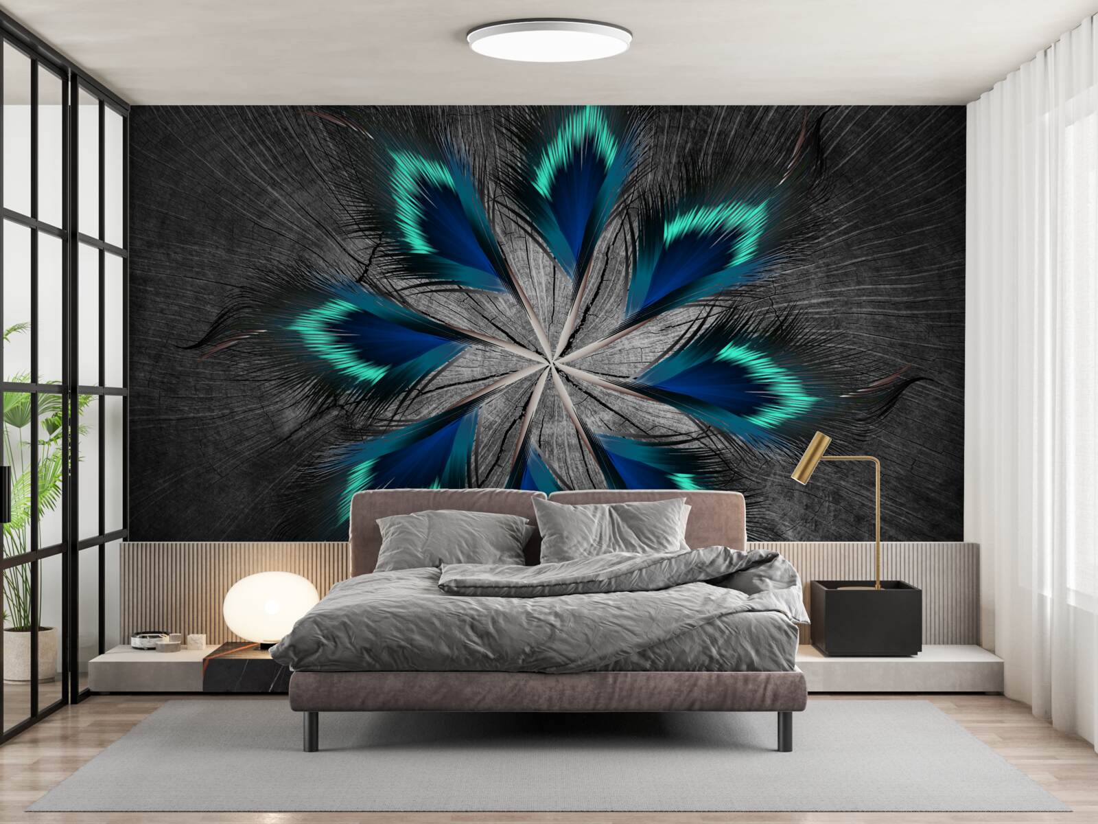 Fotobehang pauw stervormige veren met abstract ontwerp