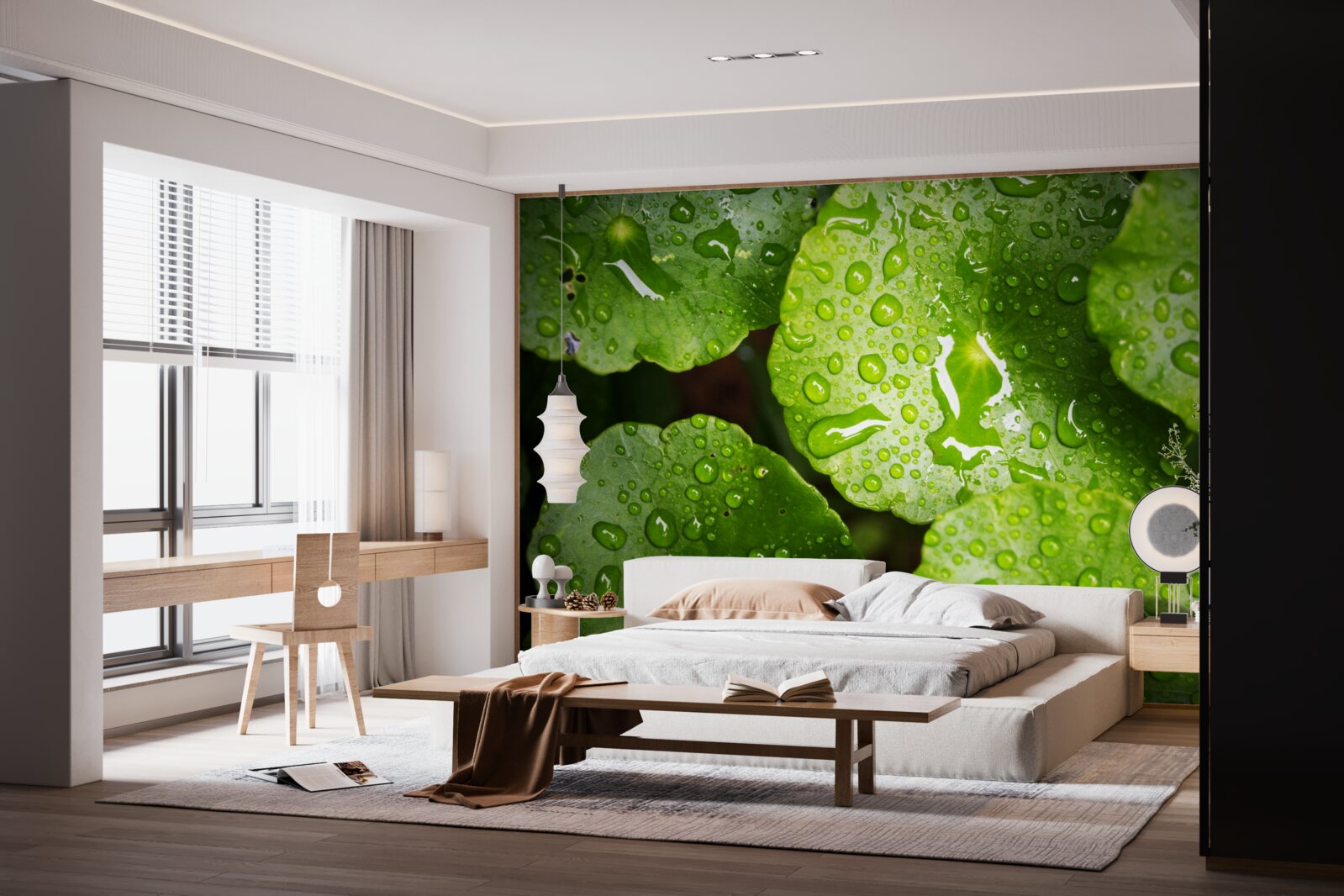 Fotobehang bladeren gewassen door regendruppels kregen een rijke groene tint