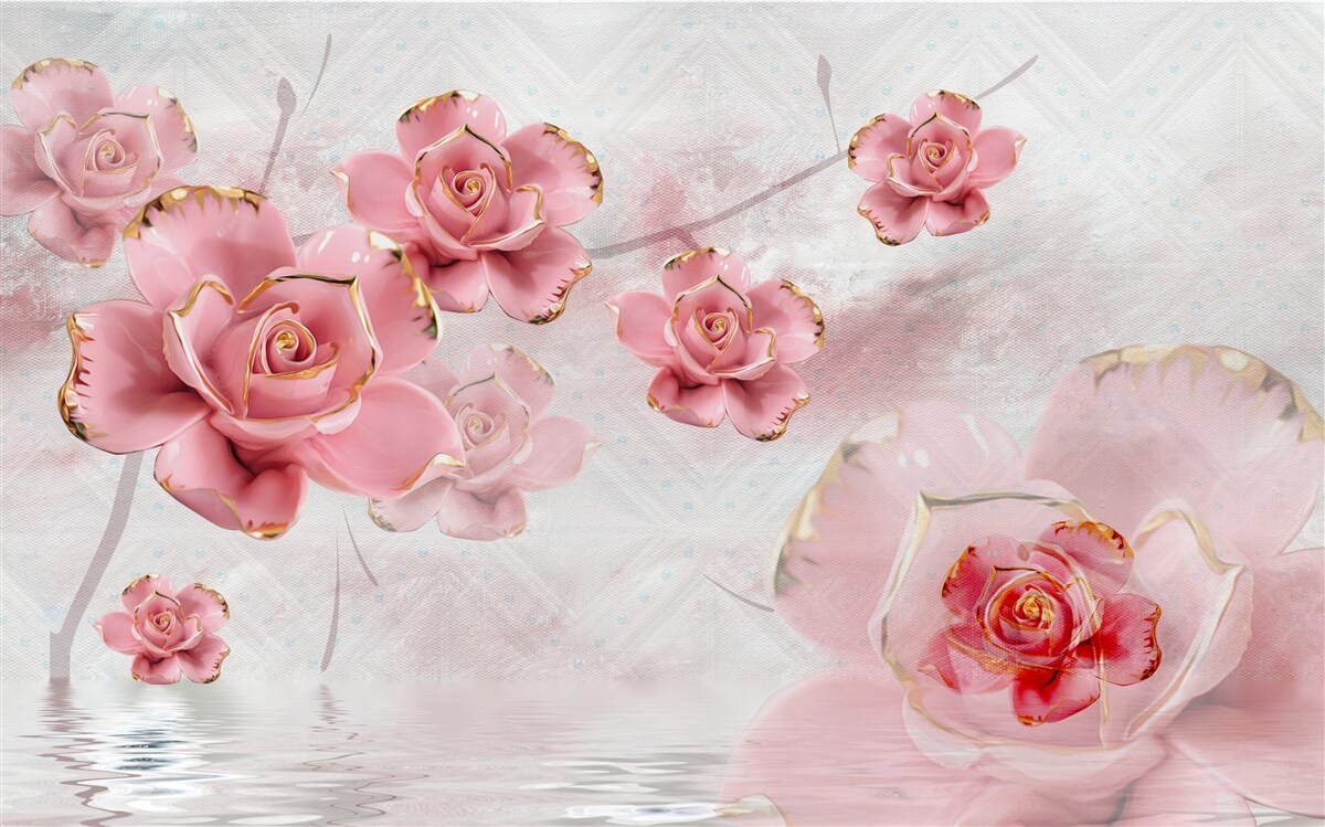 Fotobehang rozen met rosé gouden randen