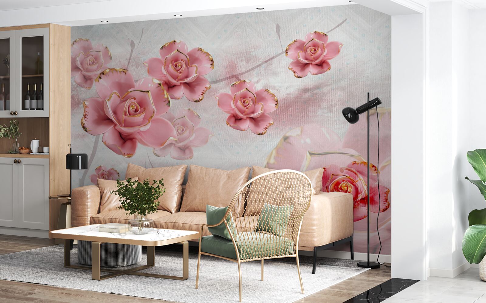 Fotobehang rozen met rosé gouden randen