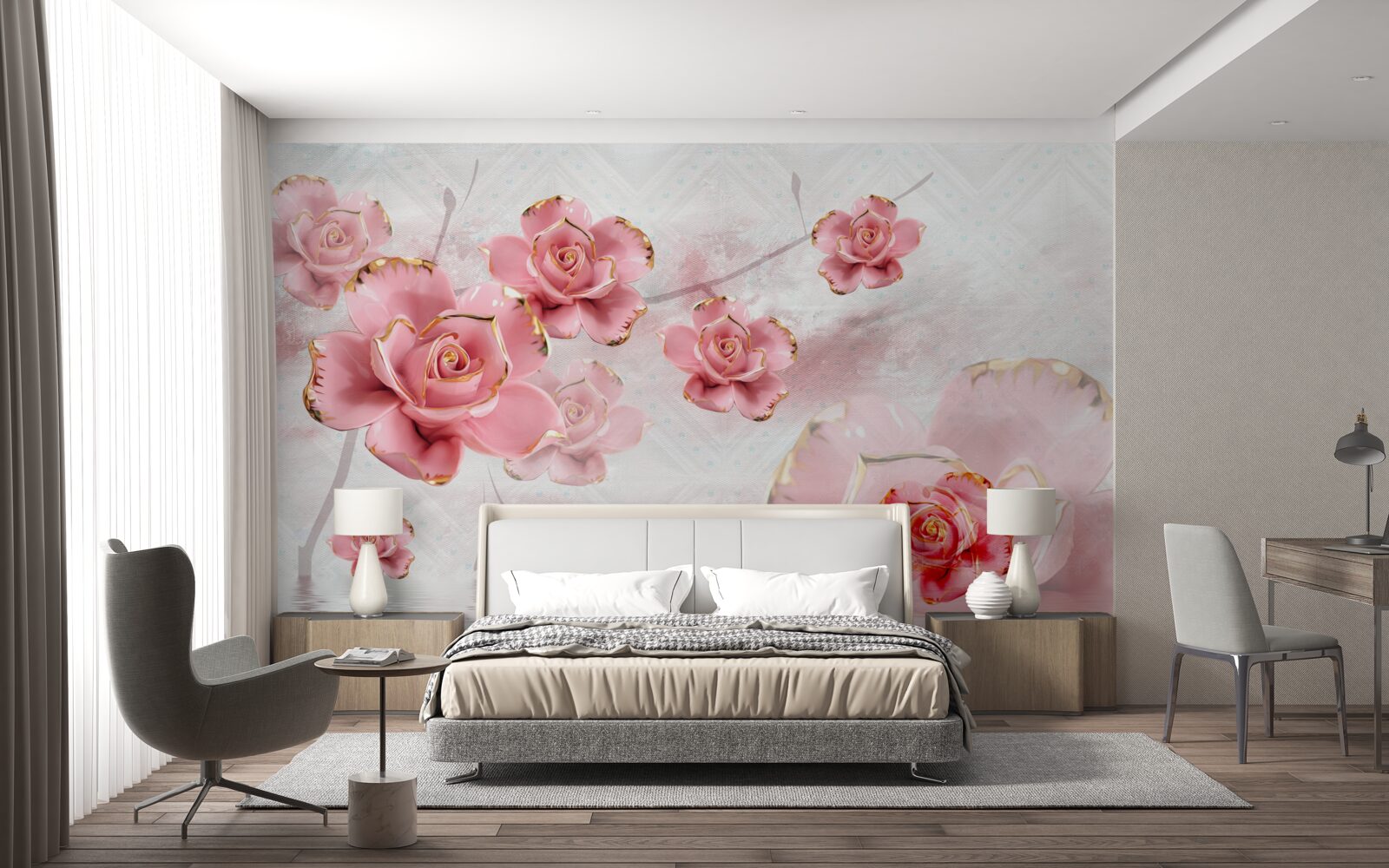 Fotobehang rozen met rosé gouden randen