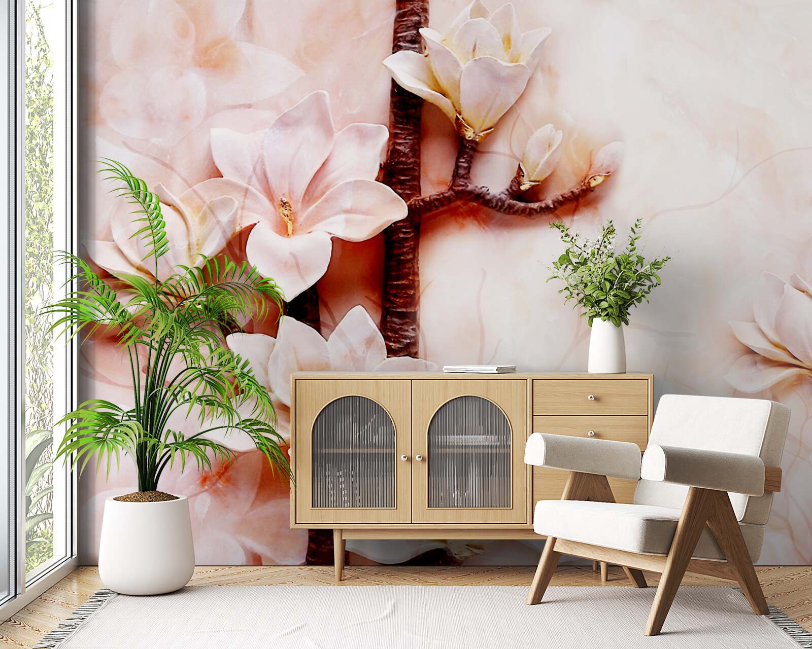 Fotobehang takken van de sierlijke roze magnolia