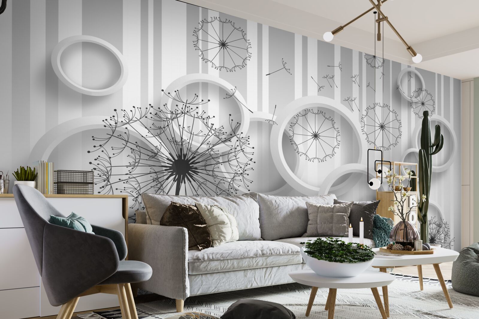Fotobehang witte vlakken en miljoenpoten op een vervagende achtergrond