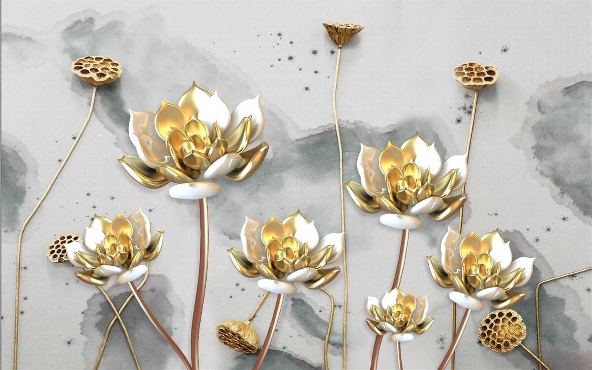 Fotobehang gouden bloemen op sierlijke stelen