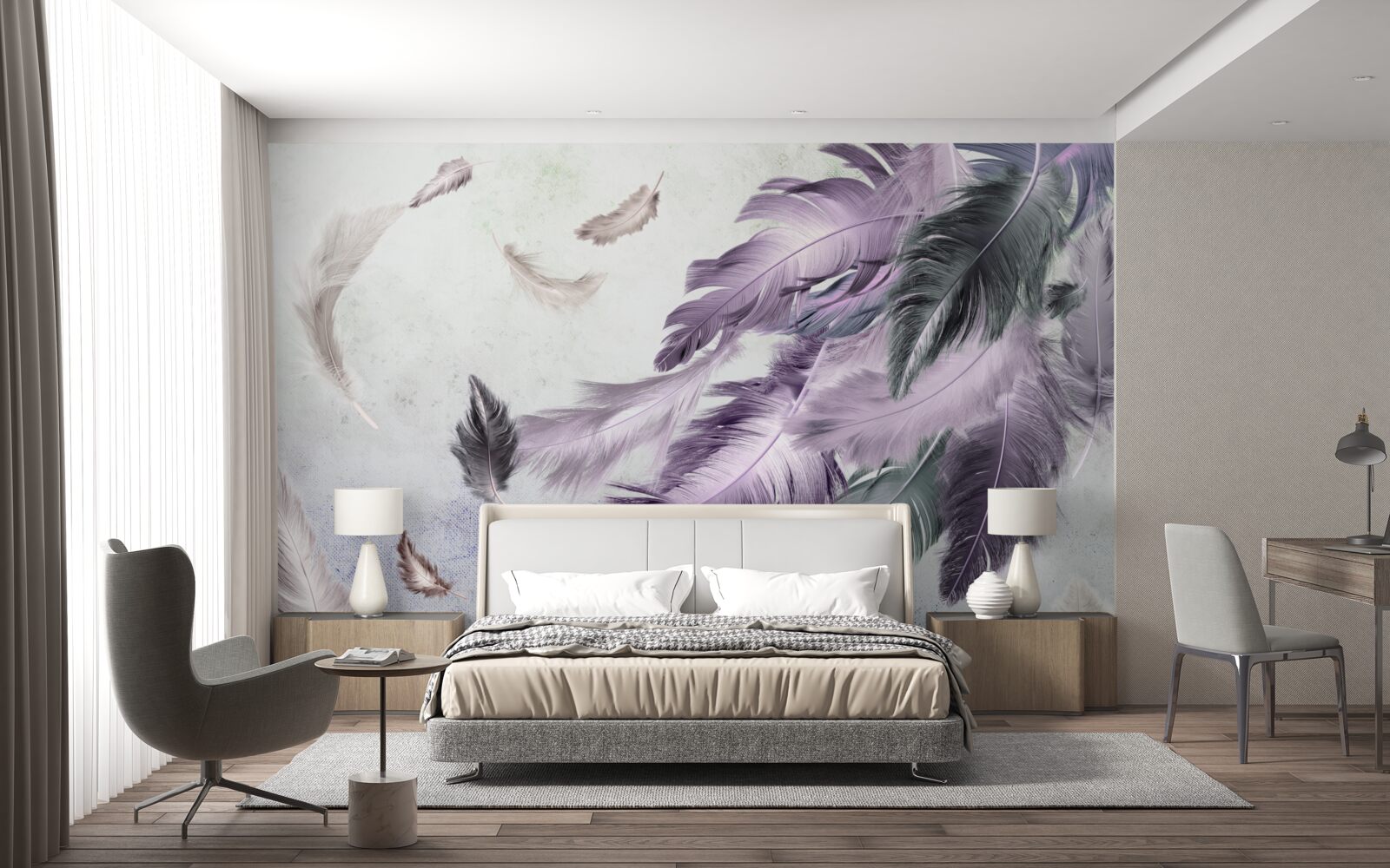 Fotobehang paarse vliegende veren
