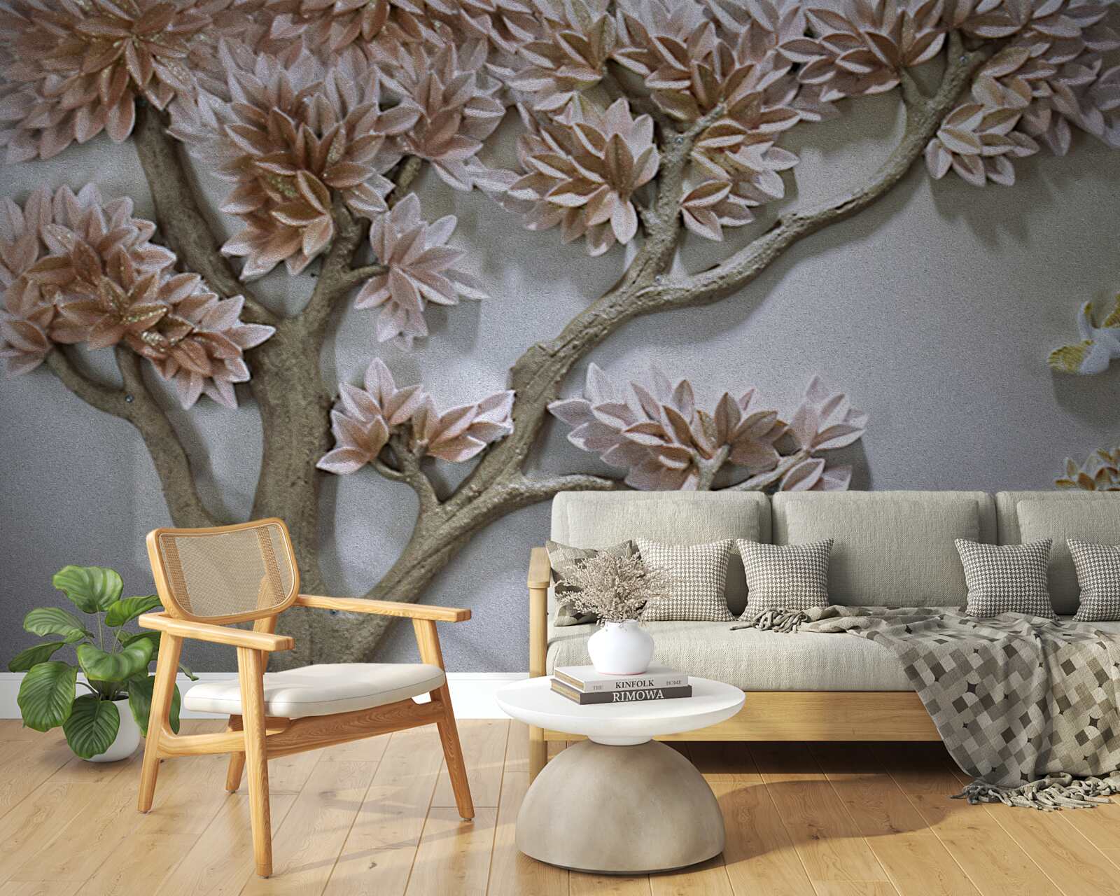 Fotobehang majestueuze boom met bladeren en vogels