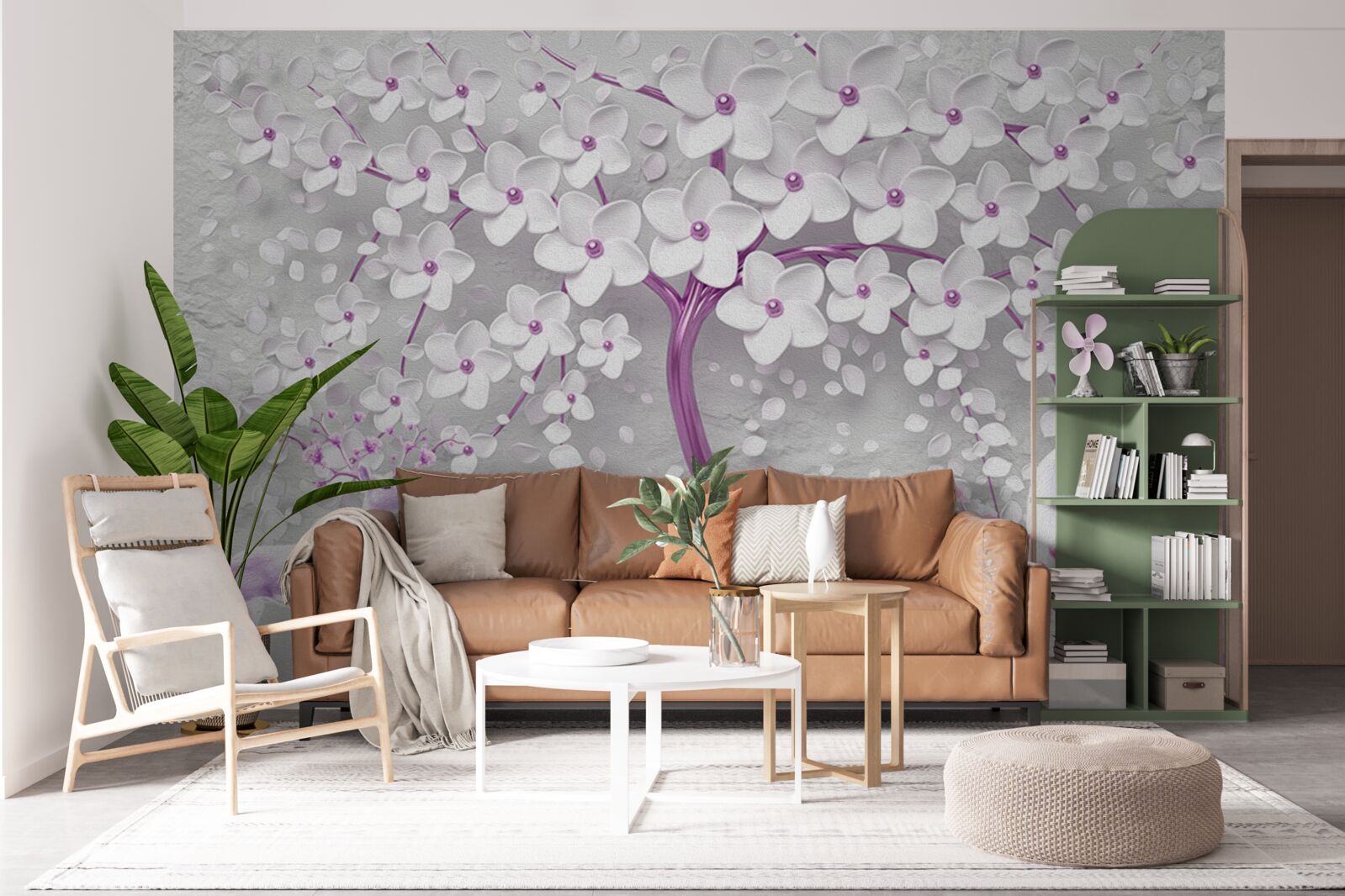 Fotobehang boom met sneeuwwitte bloemen en herten