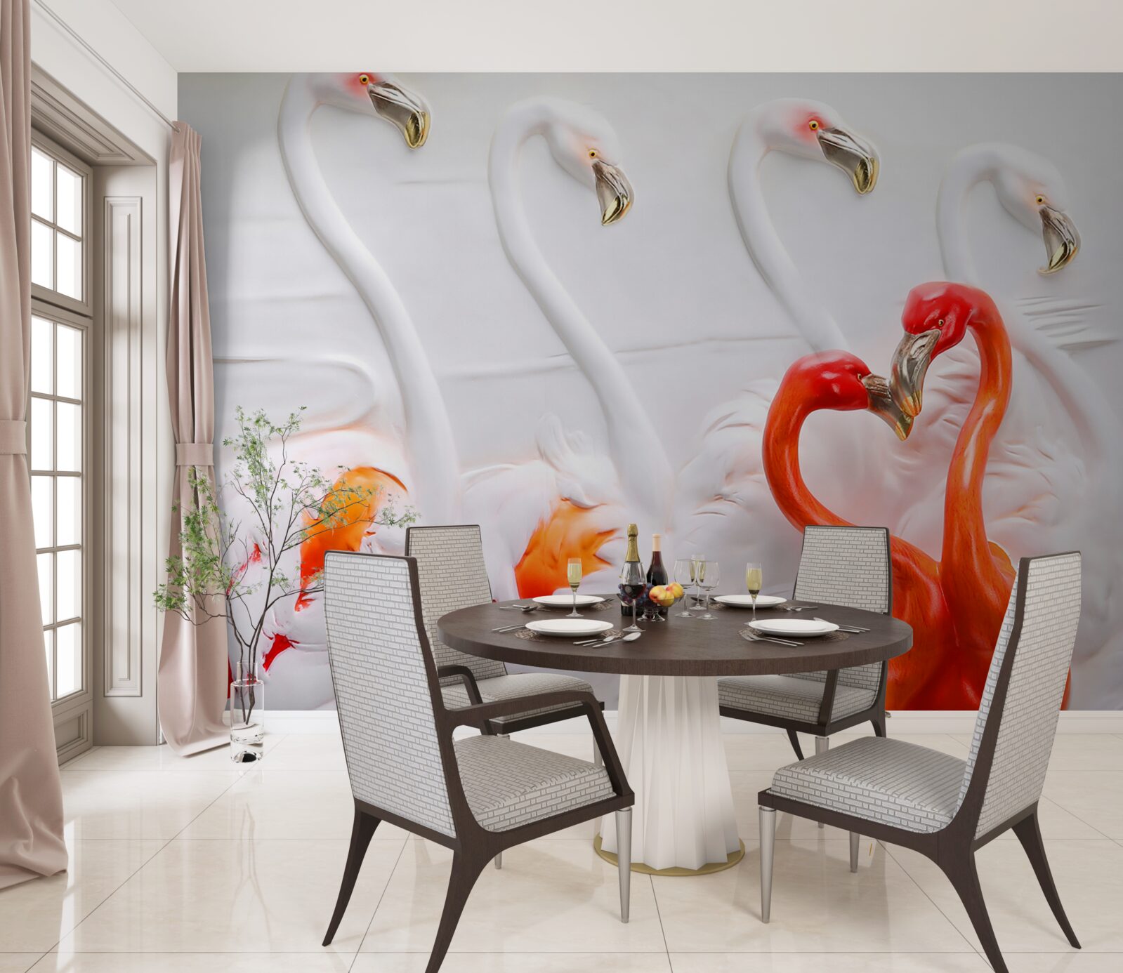 Fotobehang flamingo's in roze en witte tinten