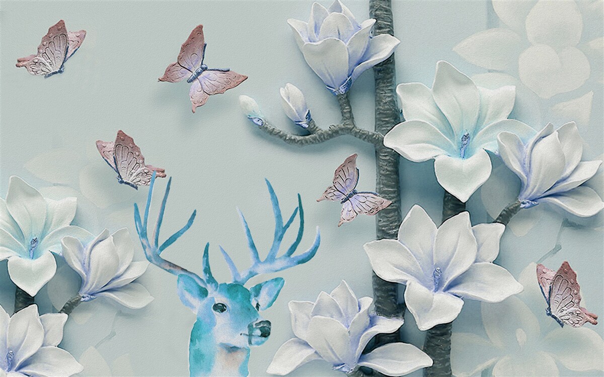 Fotobehang herten, witte magnolia en vlinders