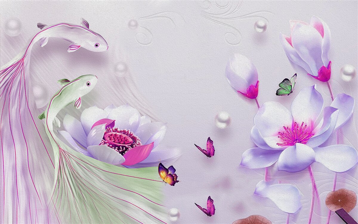 Fotobehang Sneeuwwitte magnolia en kleine visjes