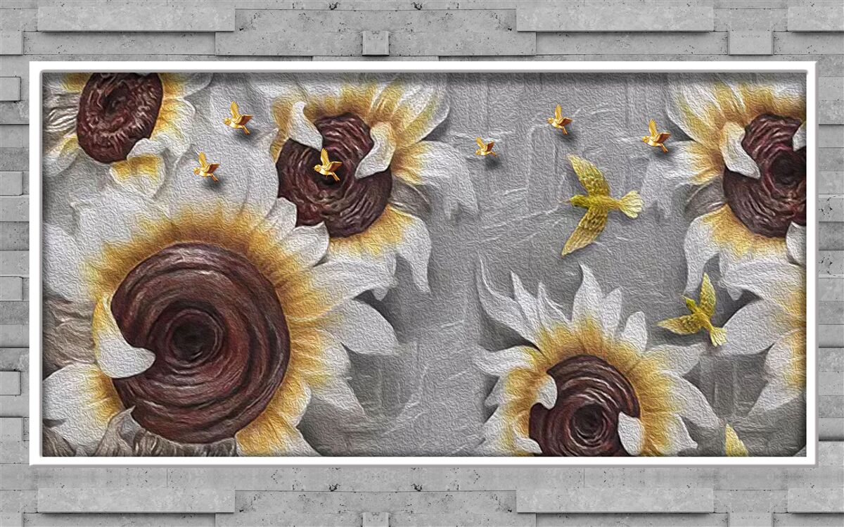Fotobehang witte zonnebloemen en vlinders