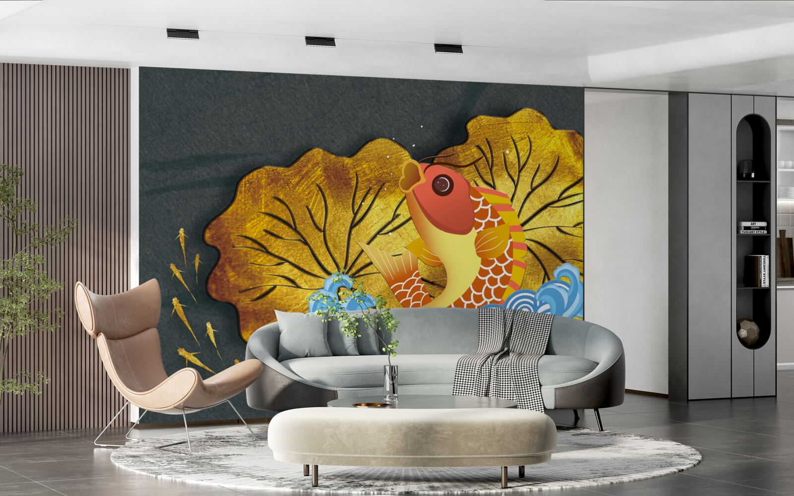Fotobehang herfstbladeren en vissen in het water