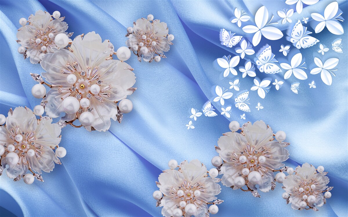 Fotobehang witte vlinders en bloemen op blauwe zijde