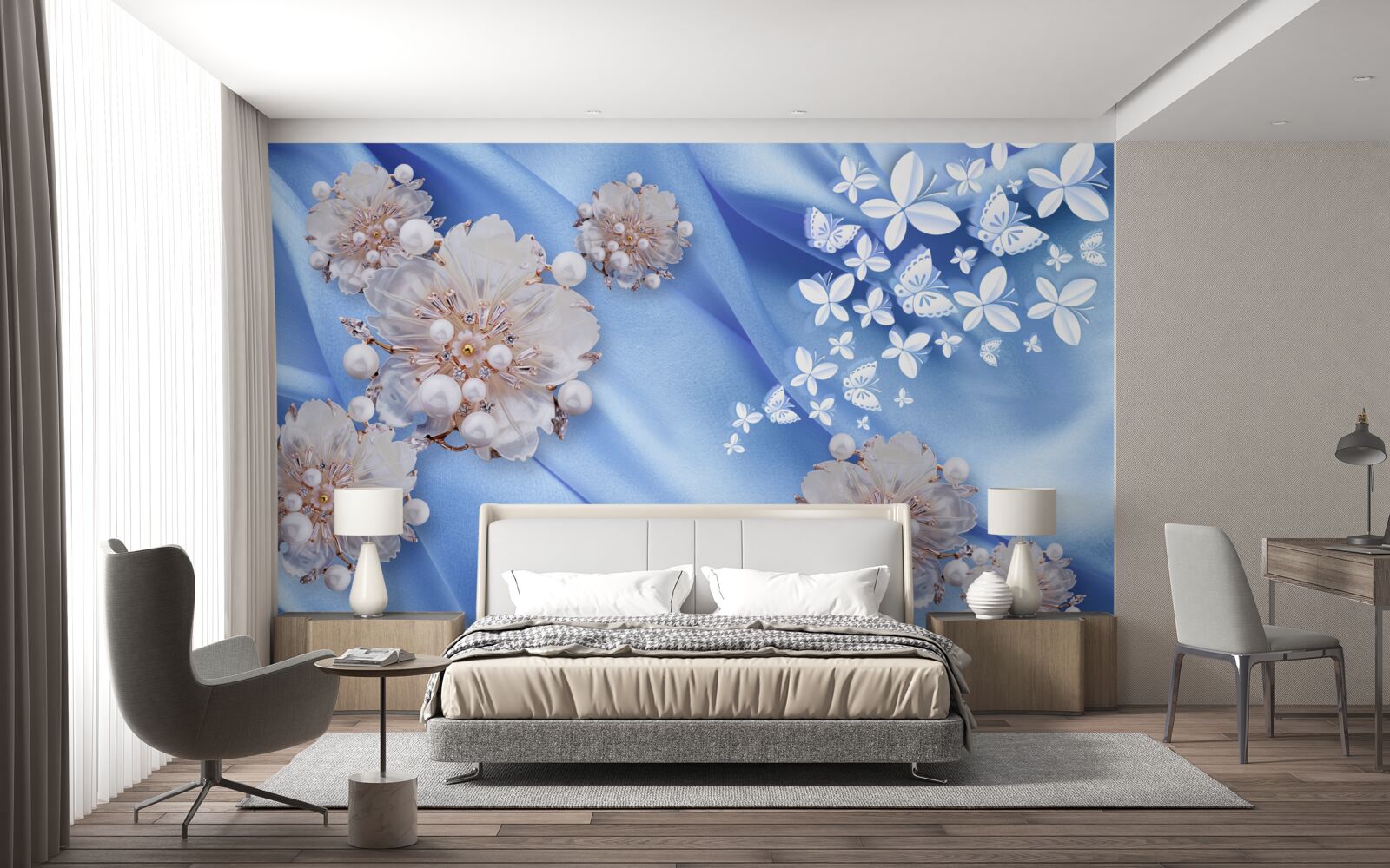 Fotobehang witte vlinders en bloemen op blauwe zijde