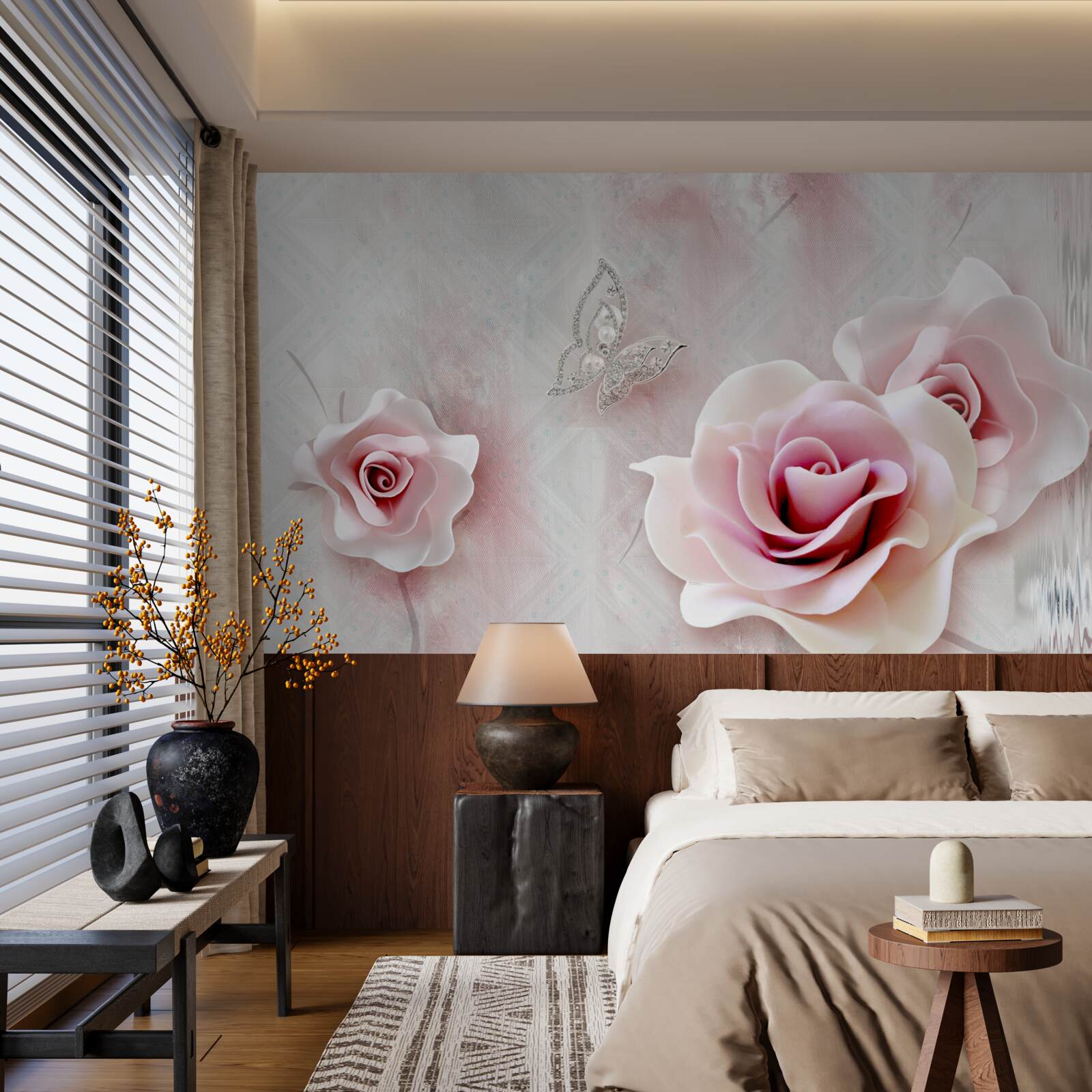 Fotobehang vlinders en rozenknoppen