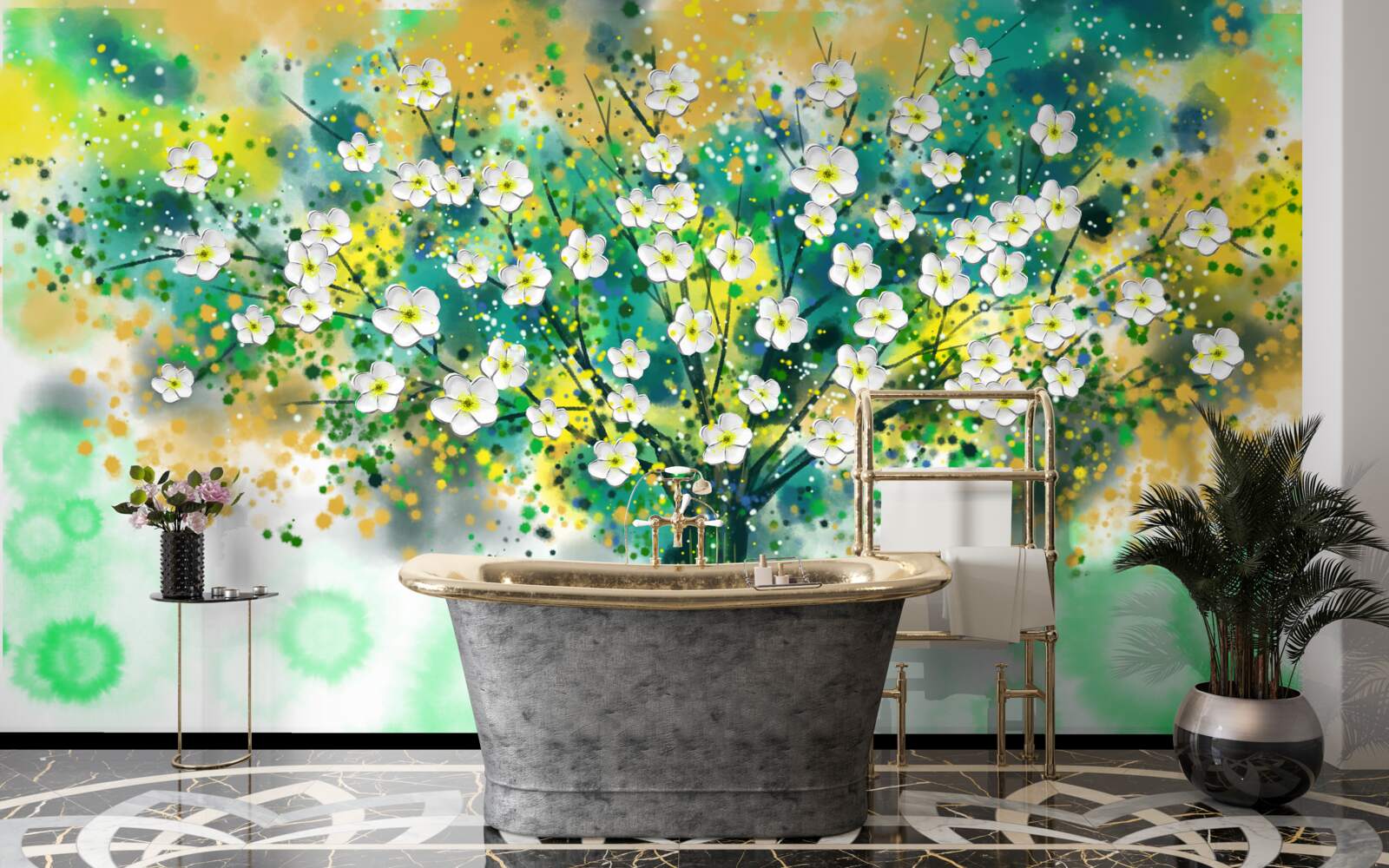 Fotobehang bloemen in verschillende tinten op een bloeiende boom