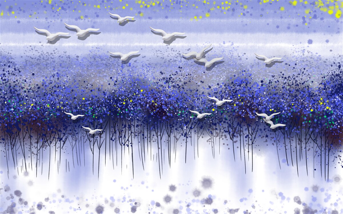 Fotobehang een groep vogels in de lucht boven het bos en het meer, ondergedompeld in de schemering