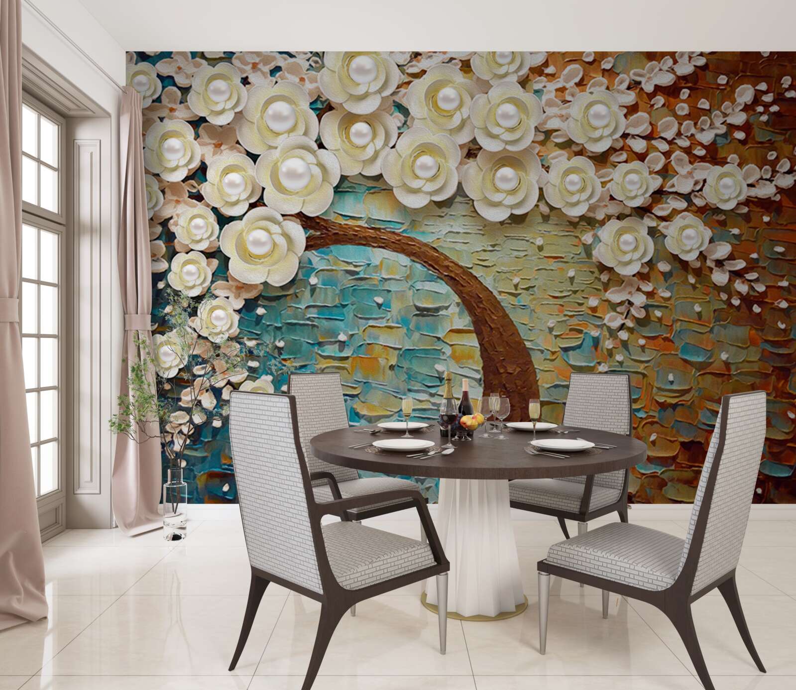 Fotobehang boom met parelwitte bloemen