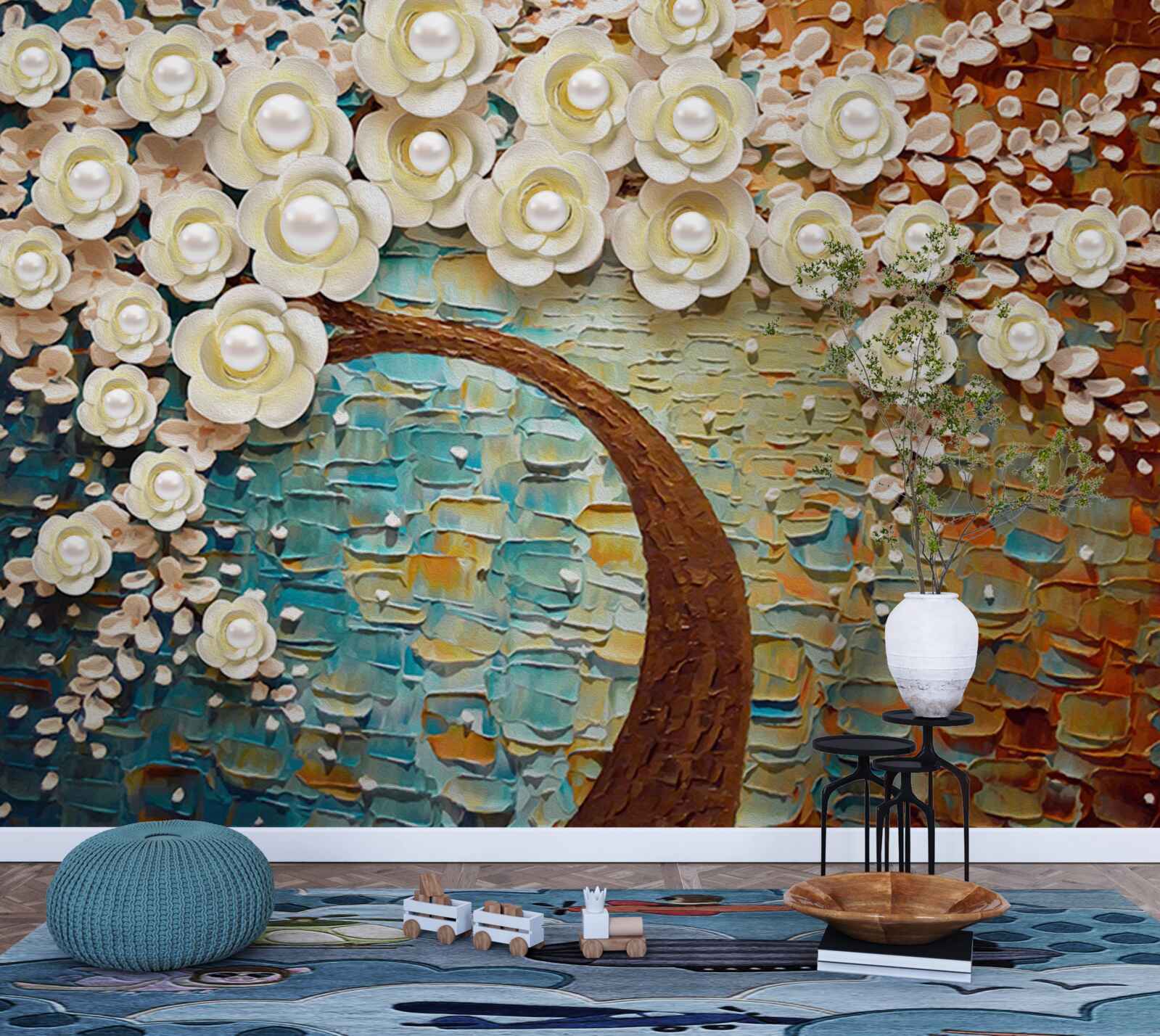 Fotobehang boom met parelwitte bloemen