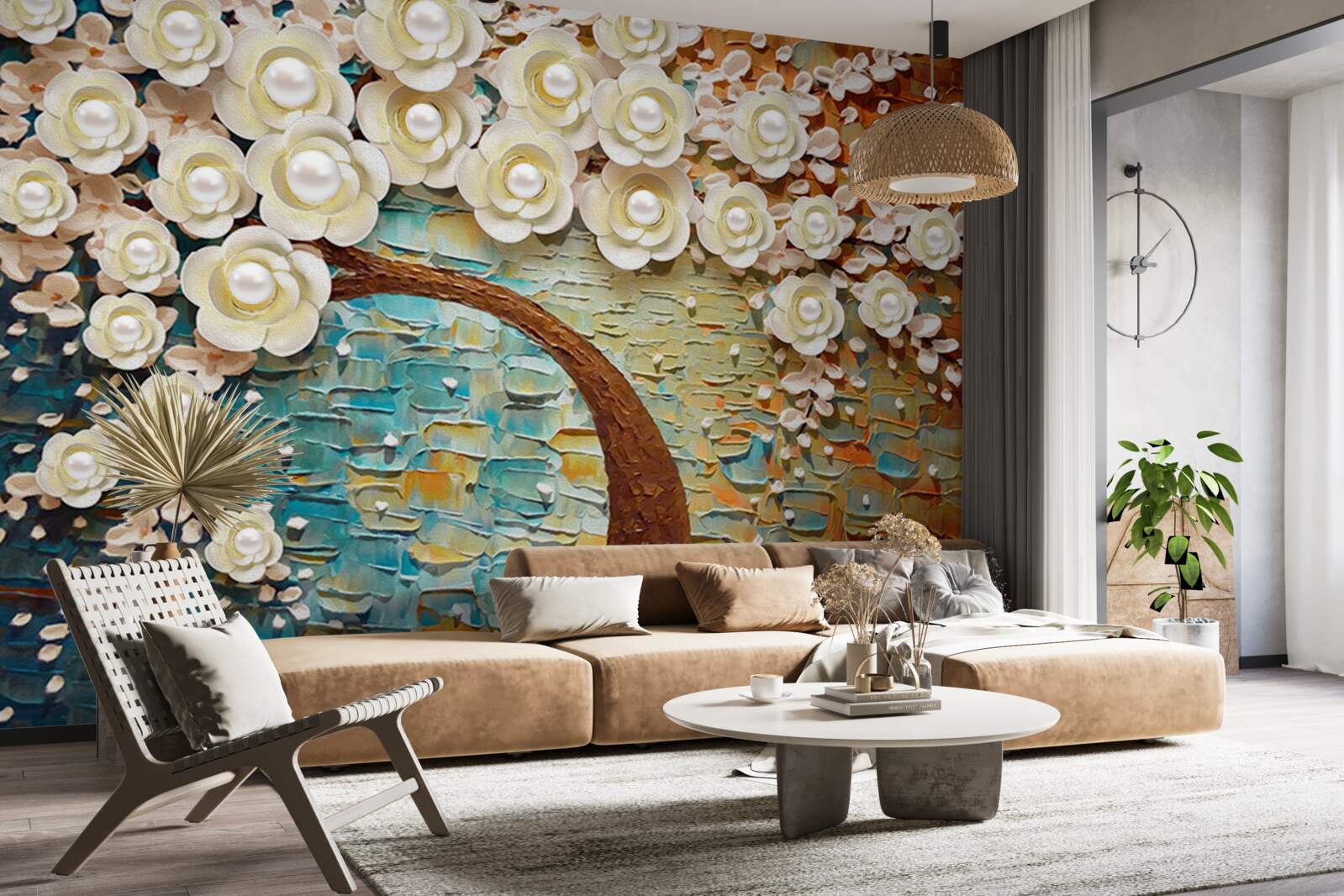 Fotobehang boom met parelwitte bloemen