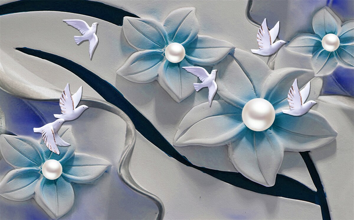 Fotobehang sneeuwwitte bloemen met parels, versierd met vlinders